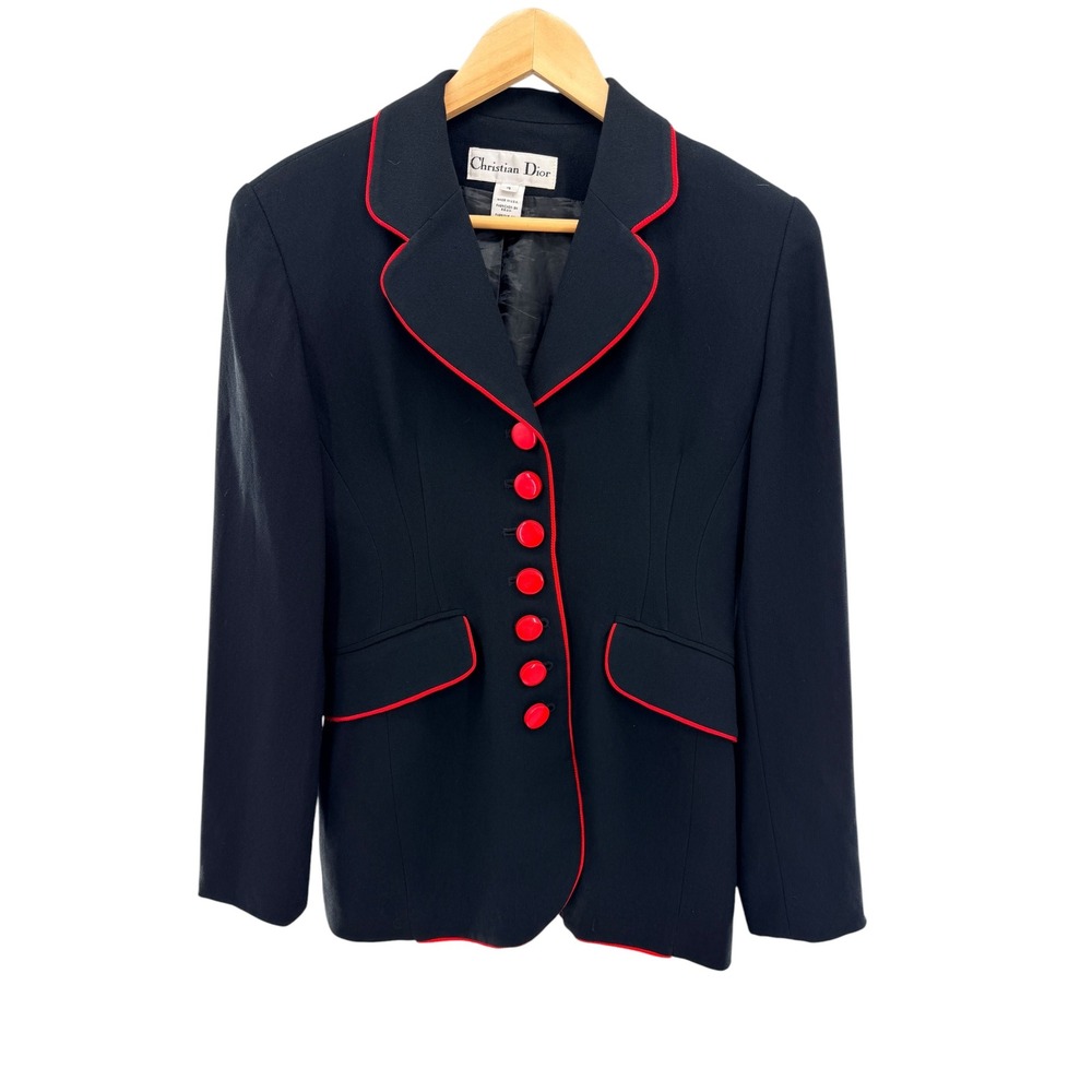 Vtg Christian Dior Vintage Black Blazer Red Contrast Piping Button Front Size 4